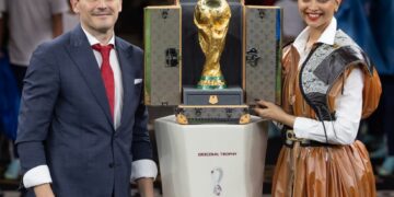 Deepika Padukone wears Louis Vuitton while presenting the FIFA World Cup Trophy in its Louis Vuitton Trunk at the FIFA World Cup Final Match