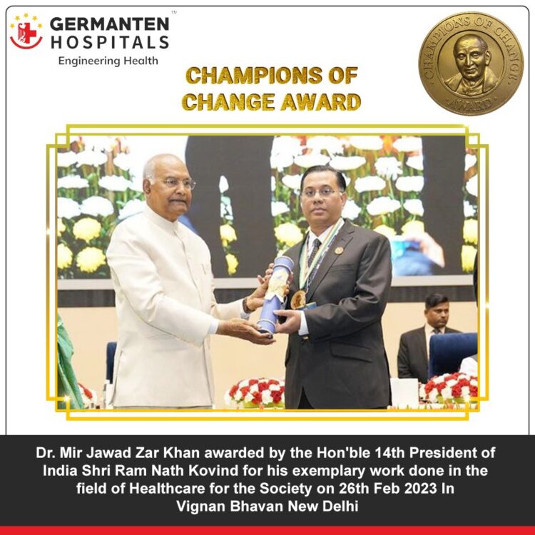 Dr. Mir Jawad Zar Khan awarded by the Hon'ble 14th President of India Shri Ram Nath Kovind for his exemplary work done in the field of healthcare for the society on 26th Feb 2023